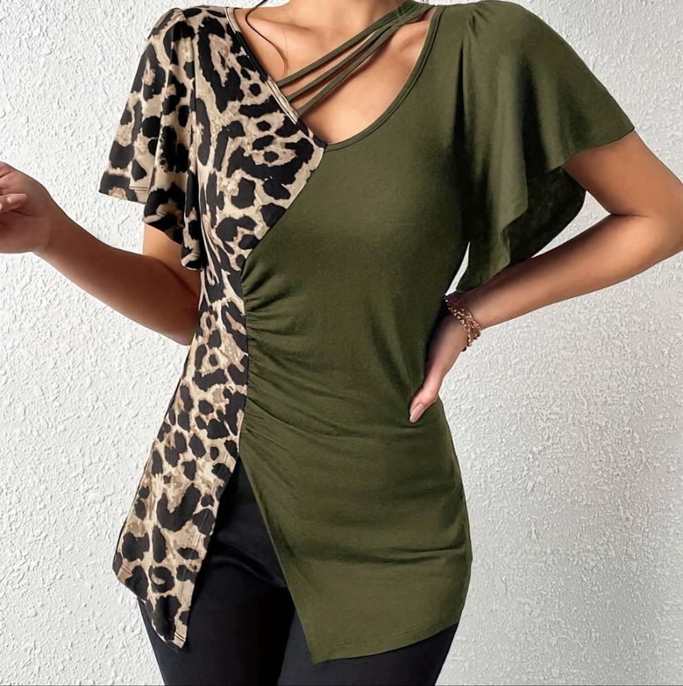Olive Green and Leopard Print Women's Top